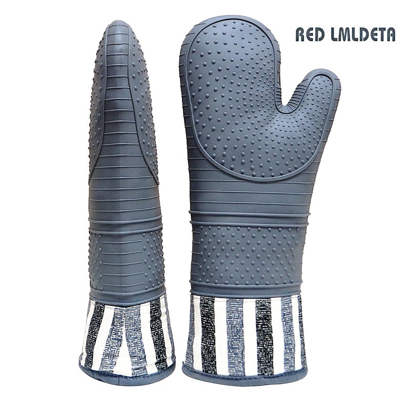 RED LMLDETA قفاز فرن مقاوم للحرارة RED LMLDETA بدرجة 550، قفازات فرن سيليكون - 1 زوج، قفازات خبز احترافية طويلة جدًا - آمنة للطعام، حوامل أواني للطهي، الشواء، المطبخ (قفازات رمادية)  - Image 2